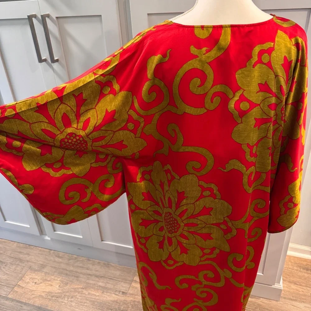 Natori Private Luxuries Red Gold Floral Damask Caftan Kimono Gown XL Lounger - Picture 5 of 6